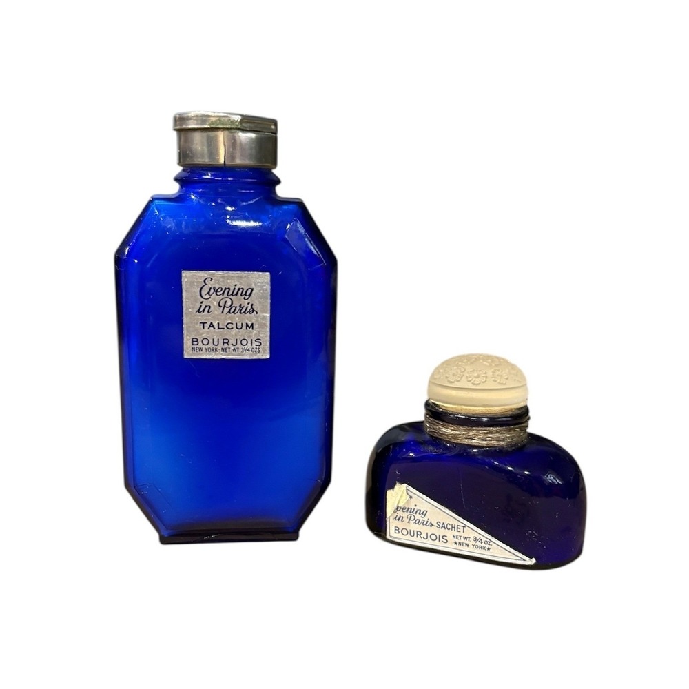 Bourjois Cobalt Blue Evening in Paris Talcum and Sachet Vintage Bottles Set
